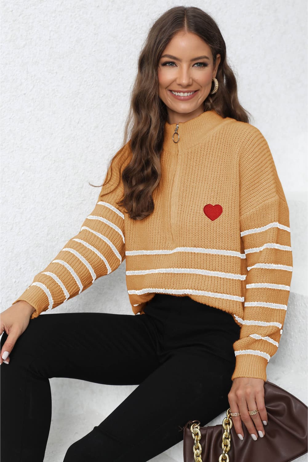 Striped Zip-Up Long Sleeve Ribbed Sweater